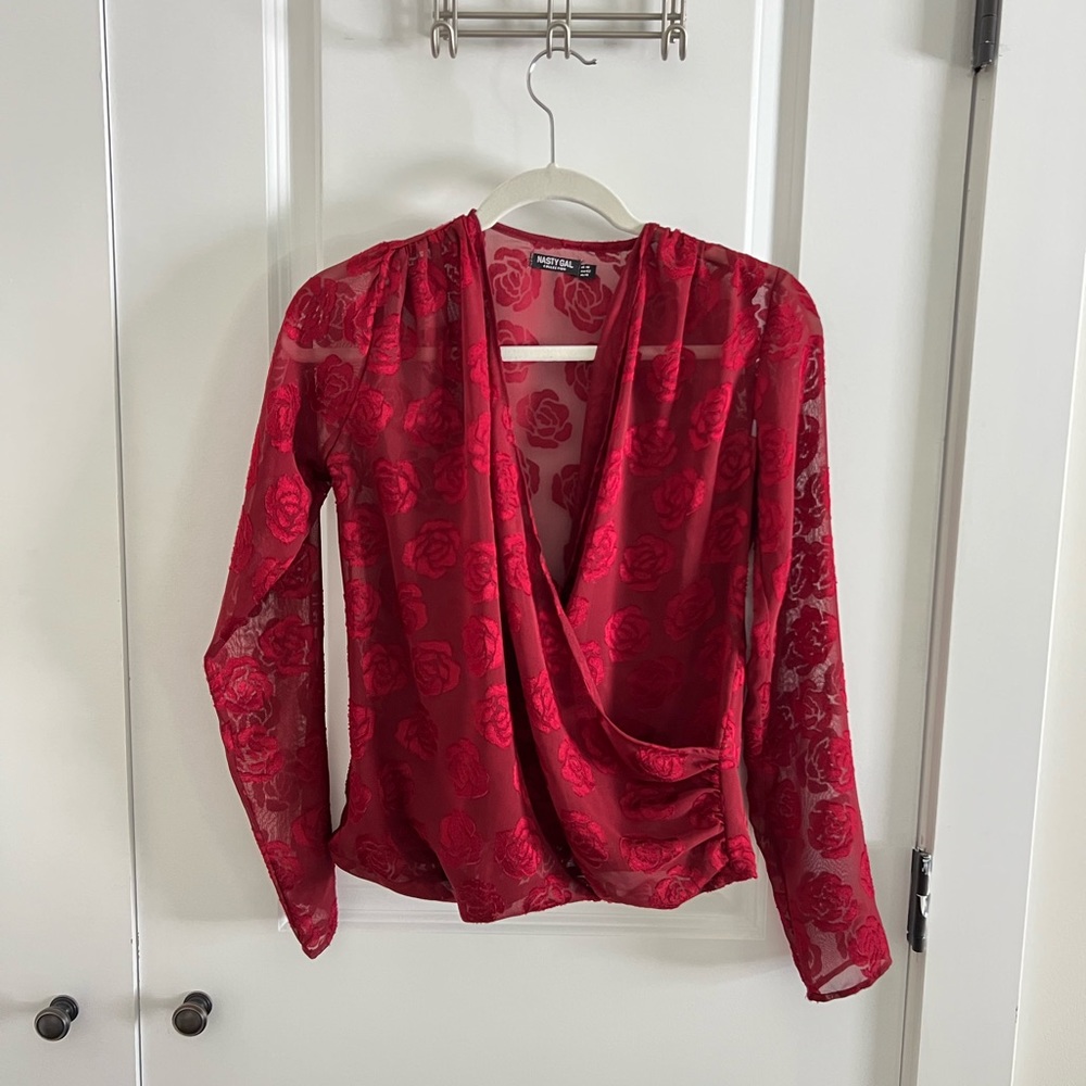 NastyGal Sheer Rose Burnout Wrap Top